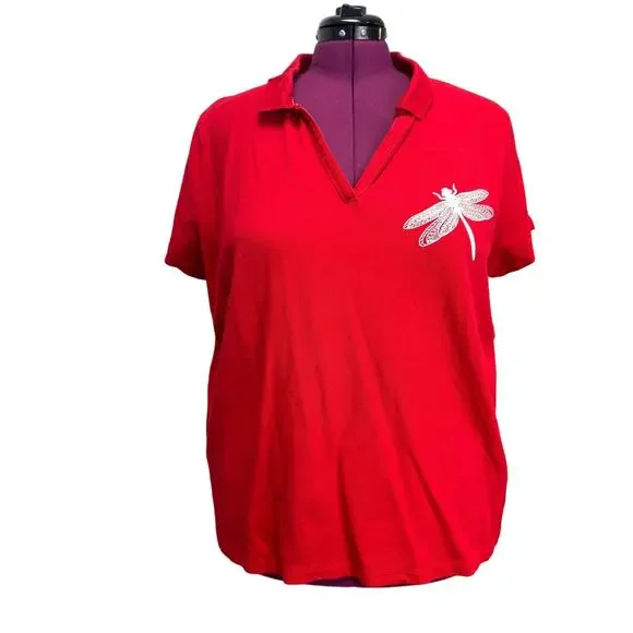 Hand Printed Upcycled Womens 3X Dragonfly Cotton Blend Collared Polo Shirt - Picture 1 of 5